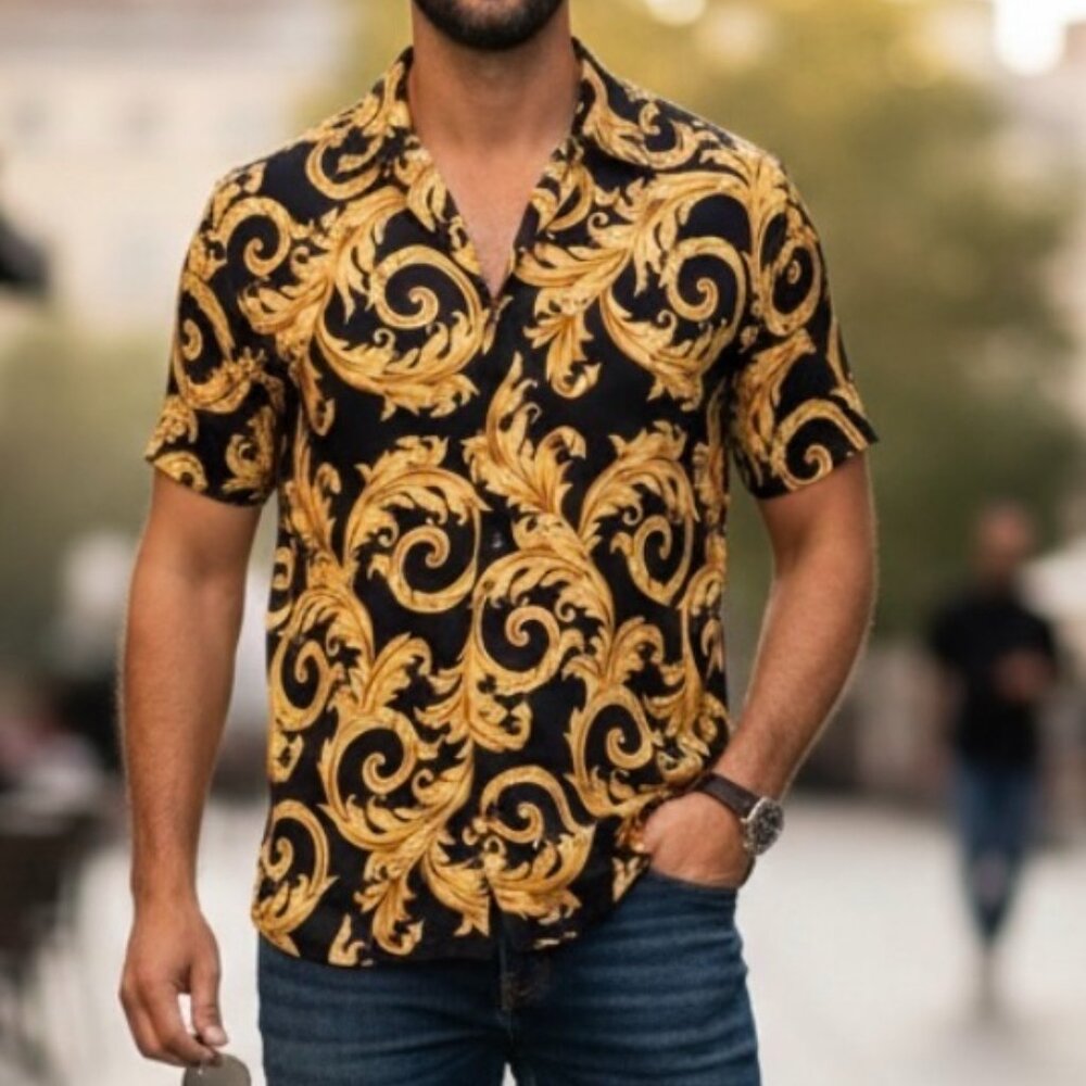 VERSACE 1010103 Men's Baroque Black And Gold Poly Shirt, IT52 (Lg-oversized)
